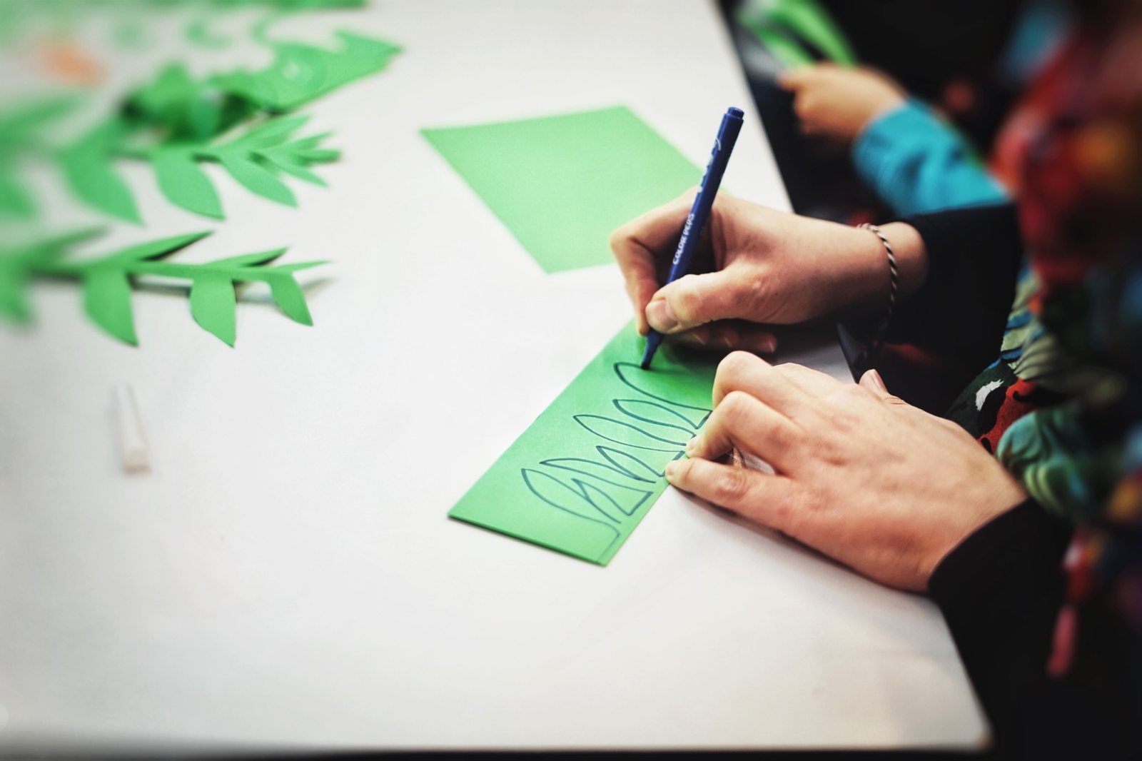 Atelier : dessin de feuilles sur papier vert