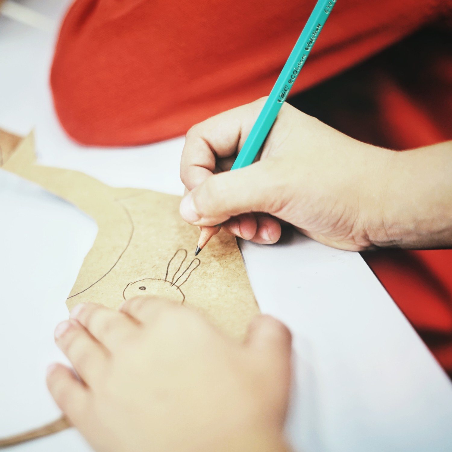 Atelier : un enfant dessine un lapin sur du carton
